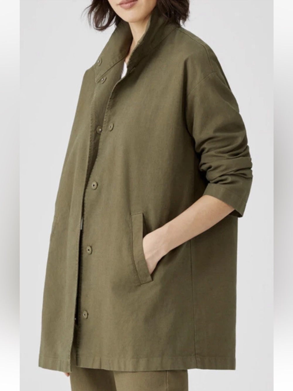 Eileen Fisher Olive Green Utility Jacket Minimalist Field Coat Quiet Luxury L